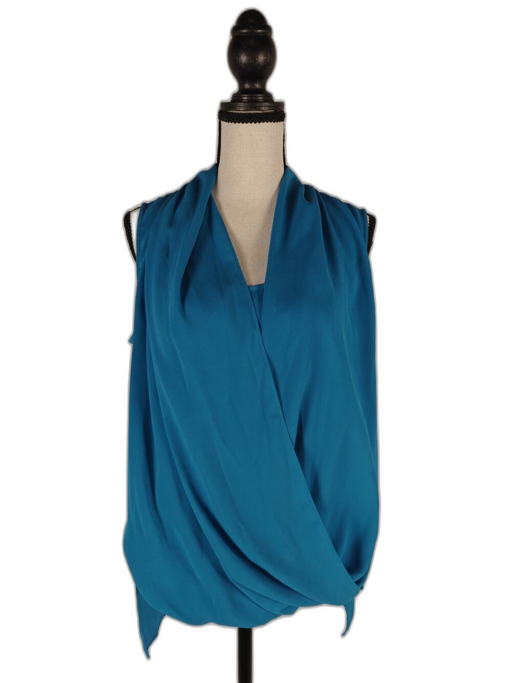 Vince Camuto, Women’s,  Draped Wrap-Front Sleeveless Blouse, Teal, Size 4